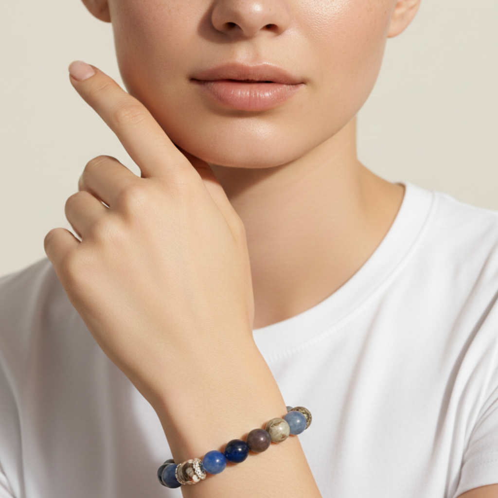 AZURA Healing Bracelet – Blue Aventurine & Map Agate worn on wrist