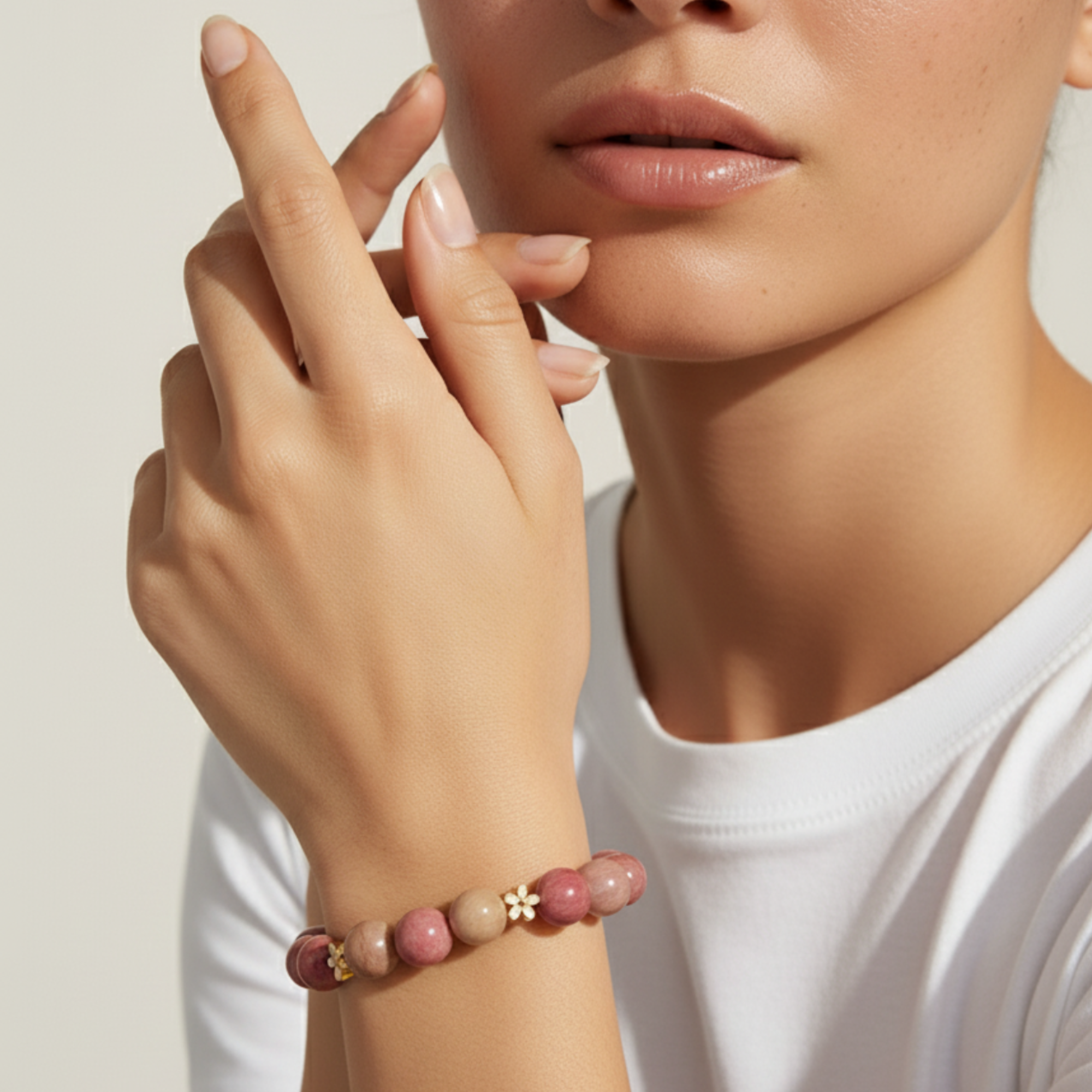 ROSIA Love Bracelet - Rose Rhodonite worn on wrist