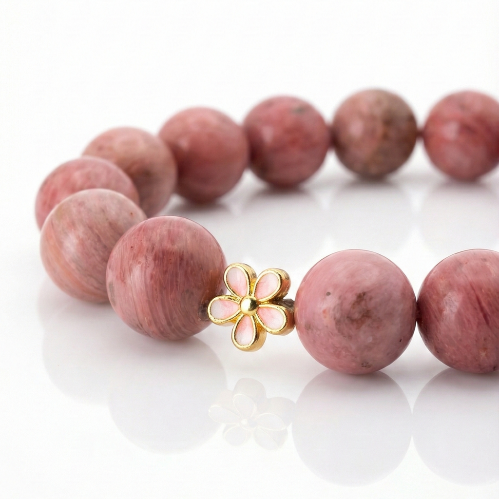 ROSIA Love Bracelet - Rose Rhodonite with 24K gold plated bronze flower accent