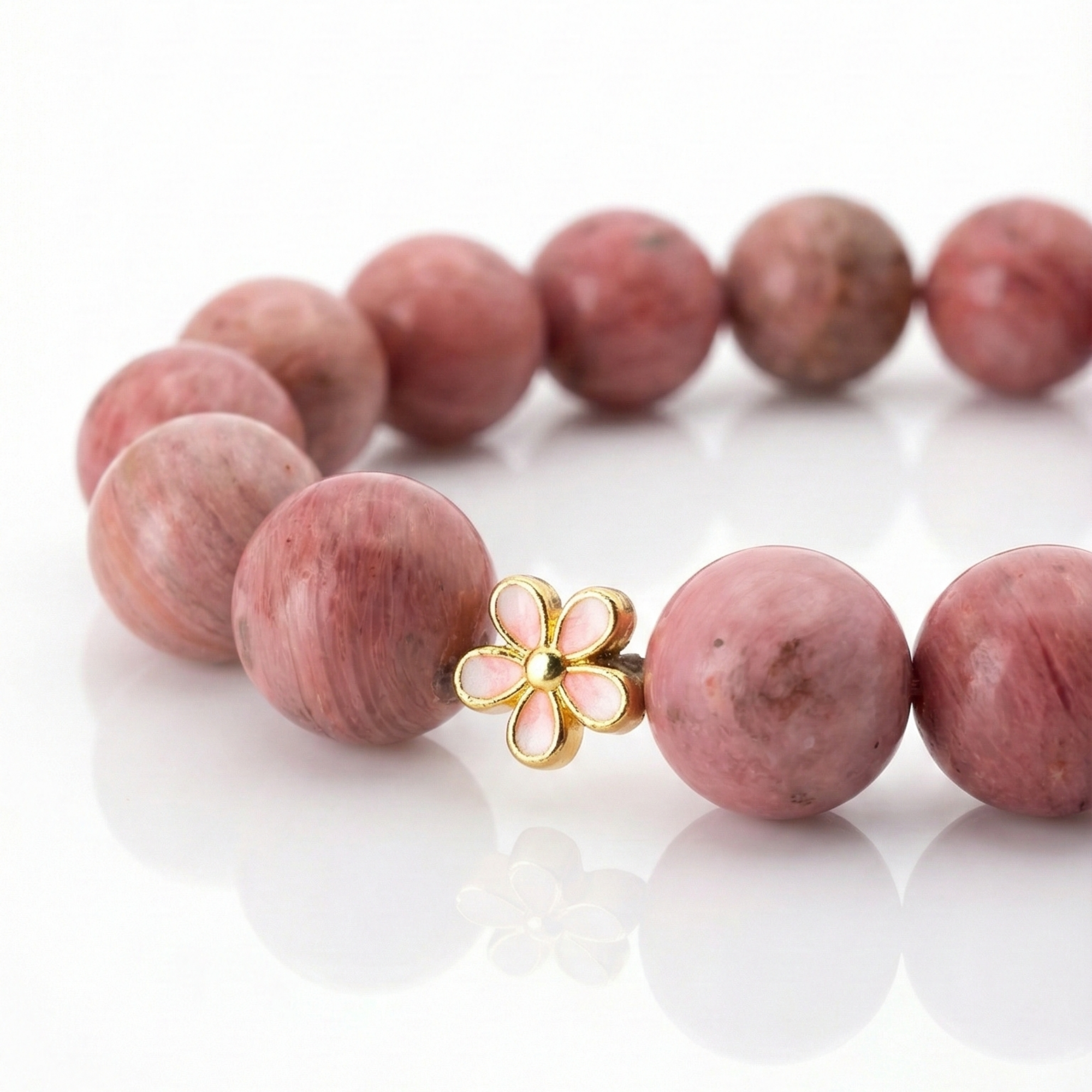 ROSIA Love Bracelet - Rose Rhodonite with 24K gold plated bronze flower accent