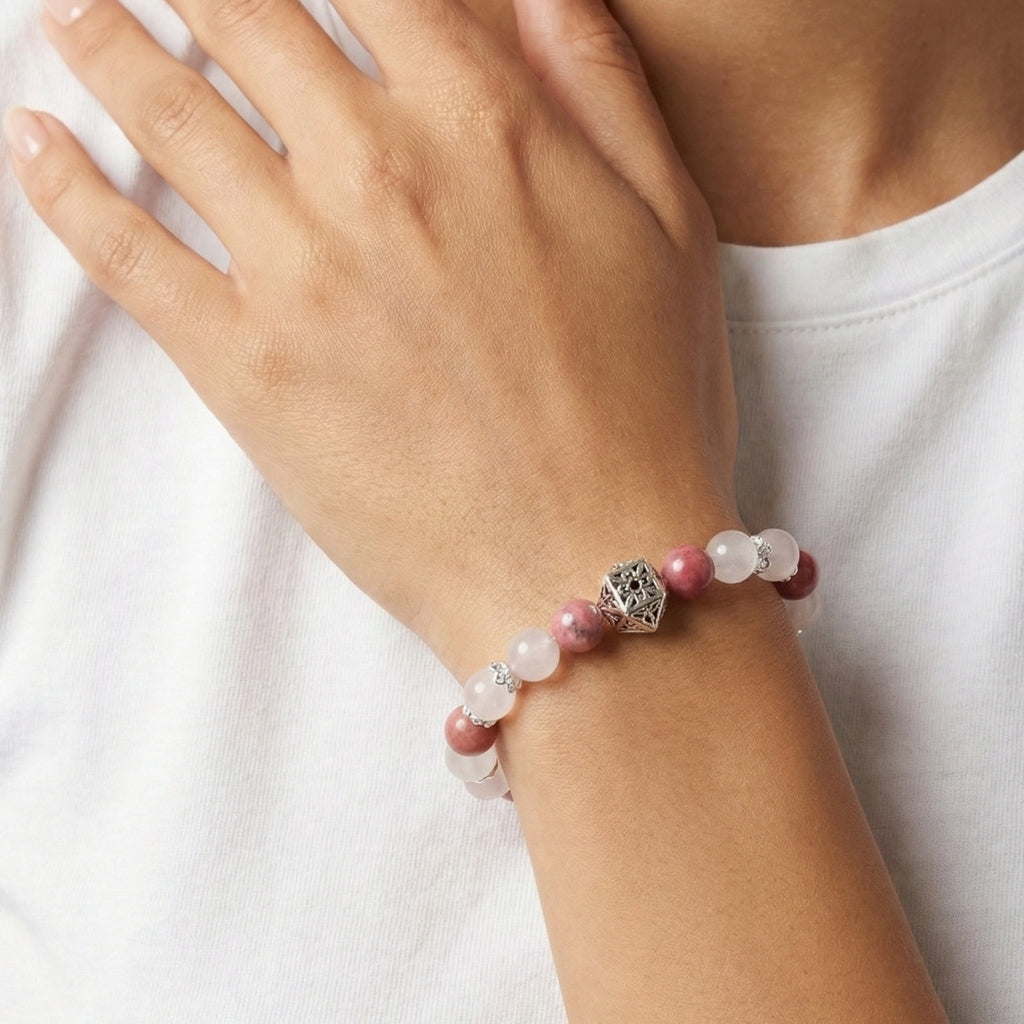 Amelis - love bracelet Rose Quartz White Quartz Rose Rhodonite with model