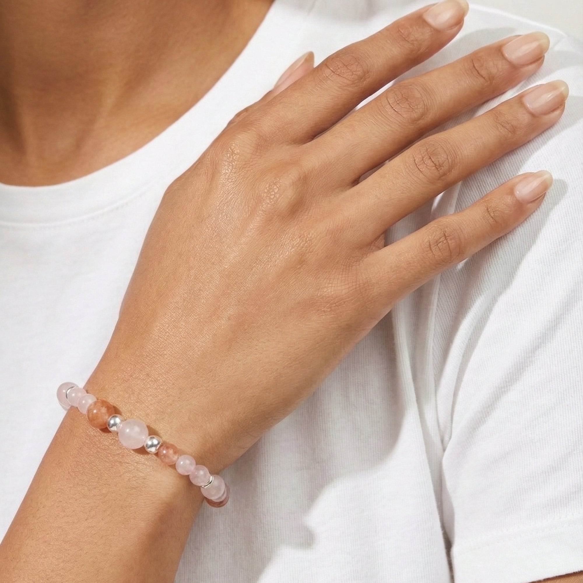 Anika - love bracelet Rose Quartz Red Amphibole Quartz with model