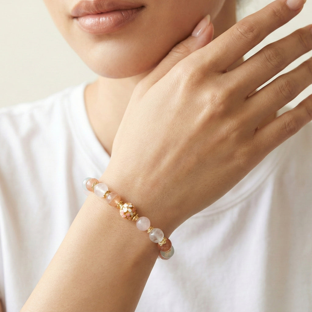 Arlena - love bracelet with Rose Quartz Red Amphibole Quartz with model