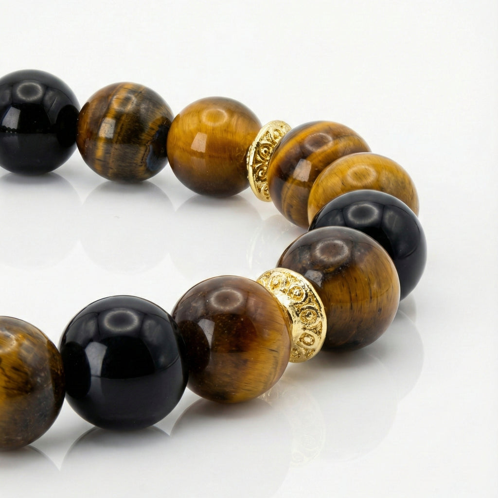 AURELIAN Prosper Bracelet – Tiger Eye & Obsidian with 24K plated bronze accent in side angle view