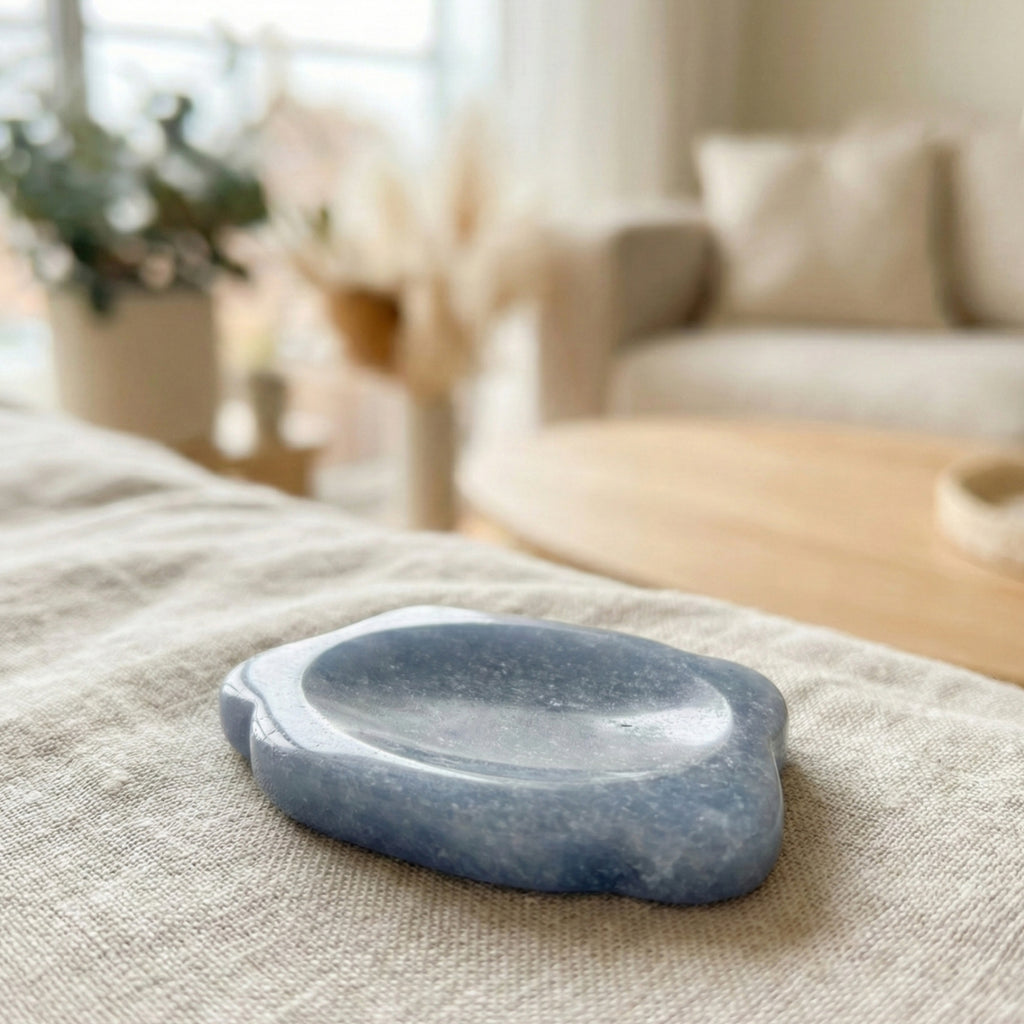 Buddy - Dog shaped crystal worry stone in Blue Aventurine lay flat