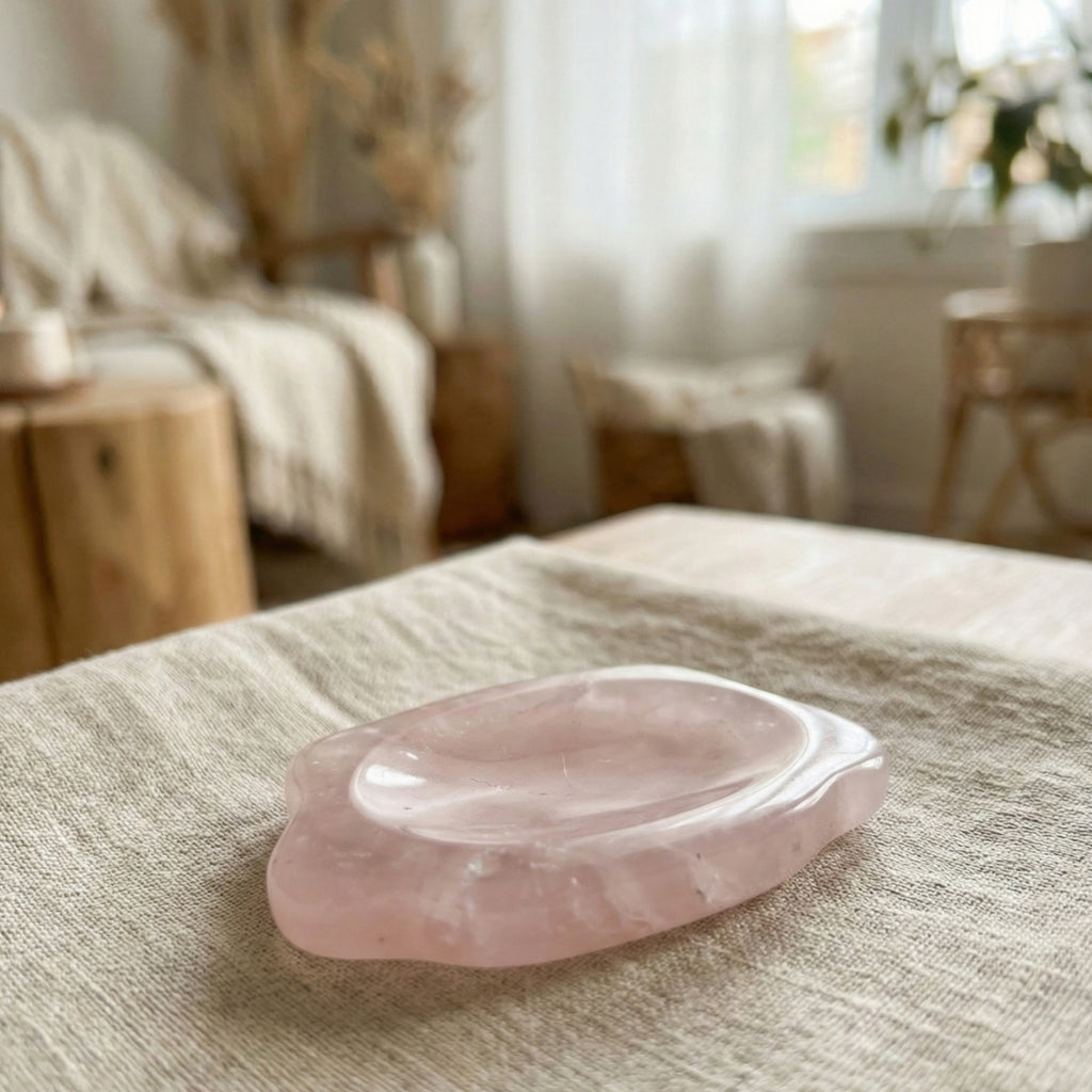 Buddy - Dog shaped crystal worry stone in Rose Quartz lay flat