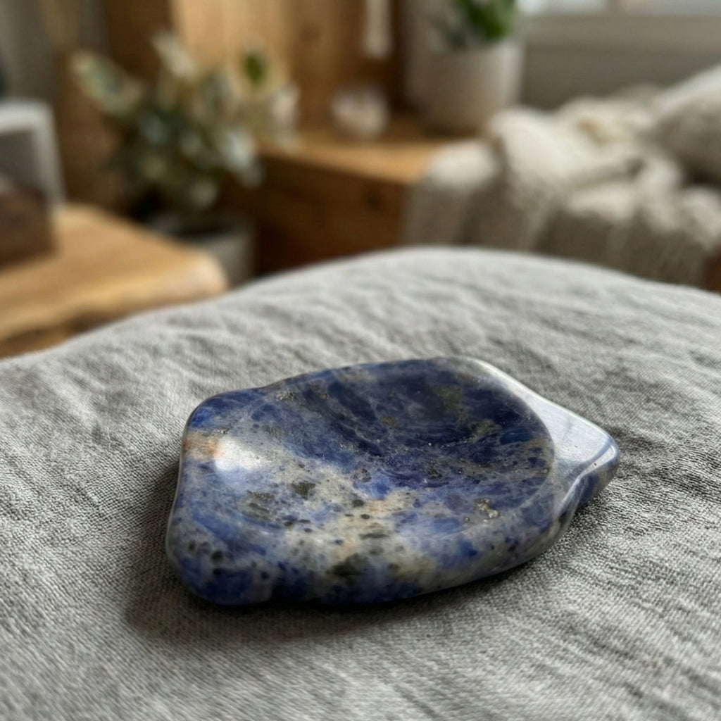 Buddy - Dog shaped crystal worry stone in Sodalite lay flat