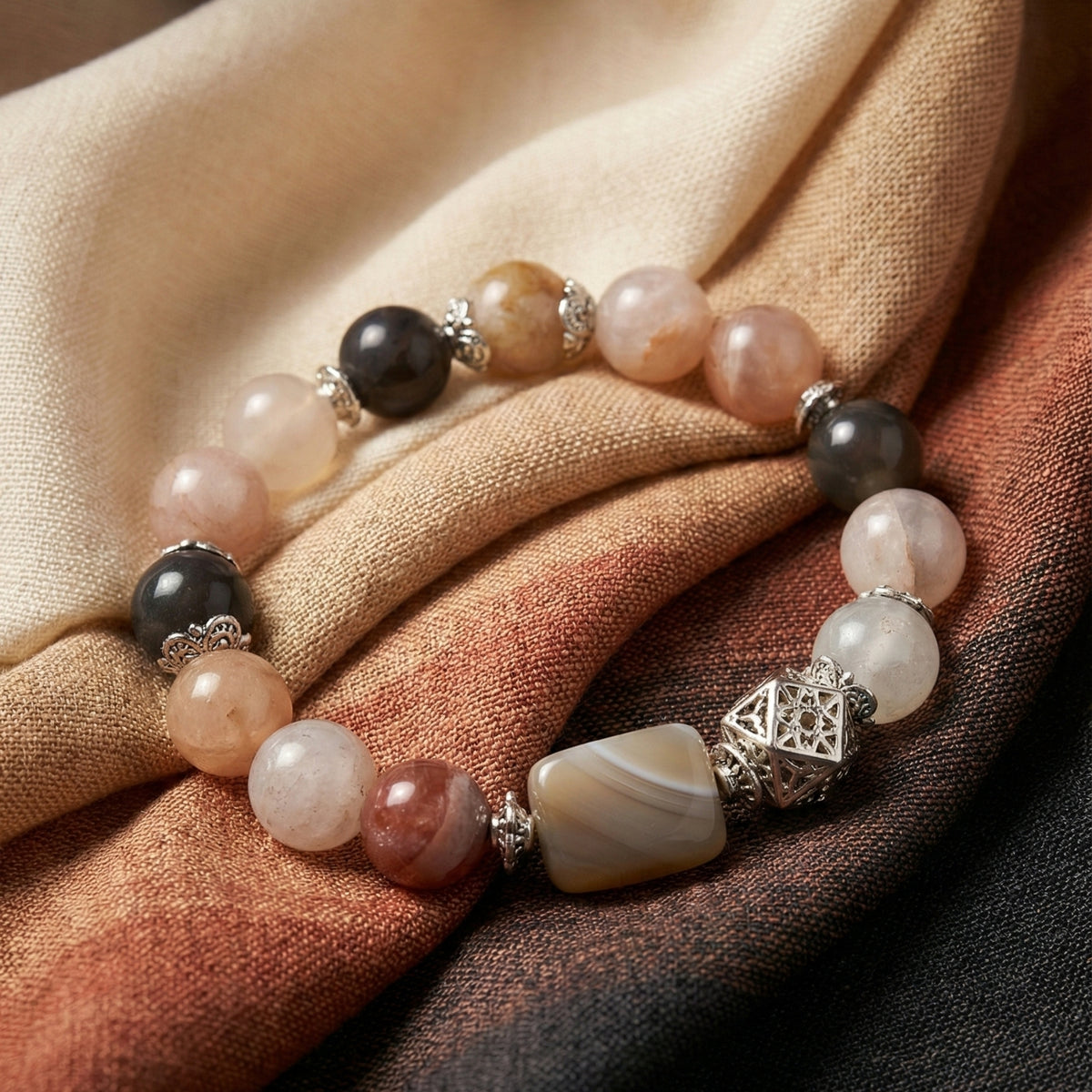 CAELIS Protection Bracelet – Grey Agate, Silver Obsidian & Amphibole Quartz for Grounding
