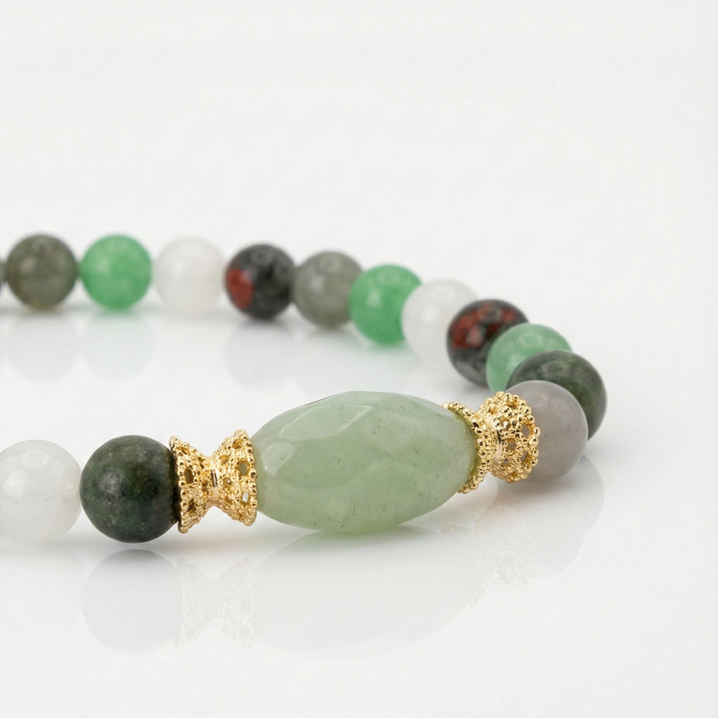 ELARA Health Bracelet – Green Aventurine, Bloodstone & White Quartz with details of the centerpiece 