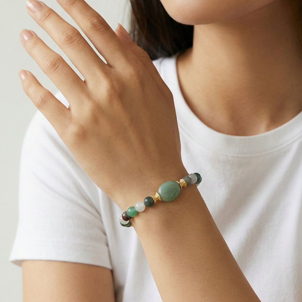 ELARA Health Bracelet – Green Aventurine, Bloodstone & White Quartz worn on wrist