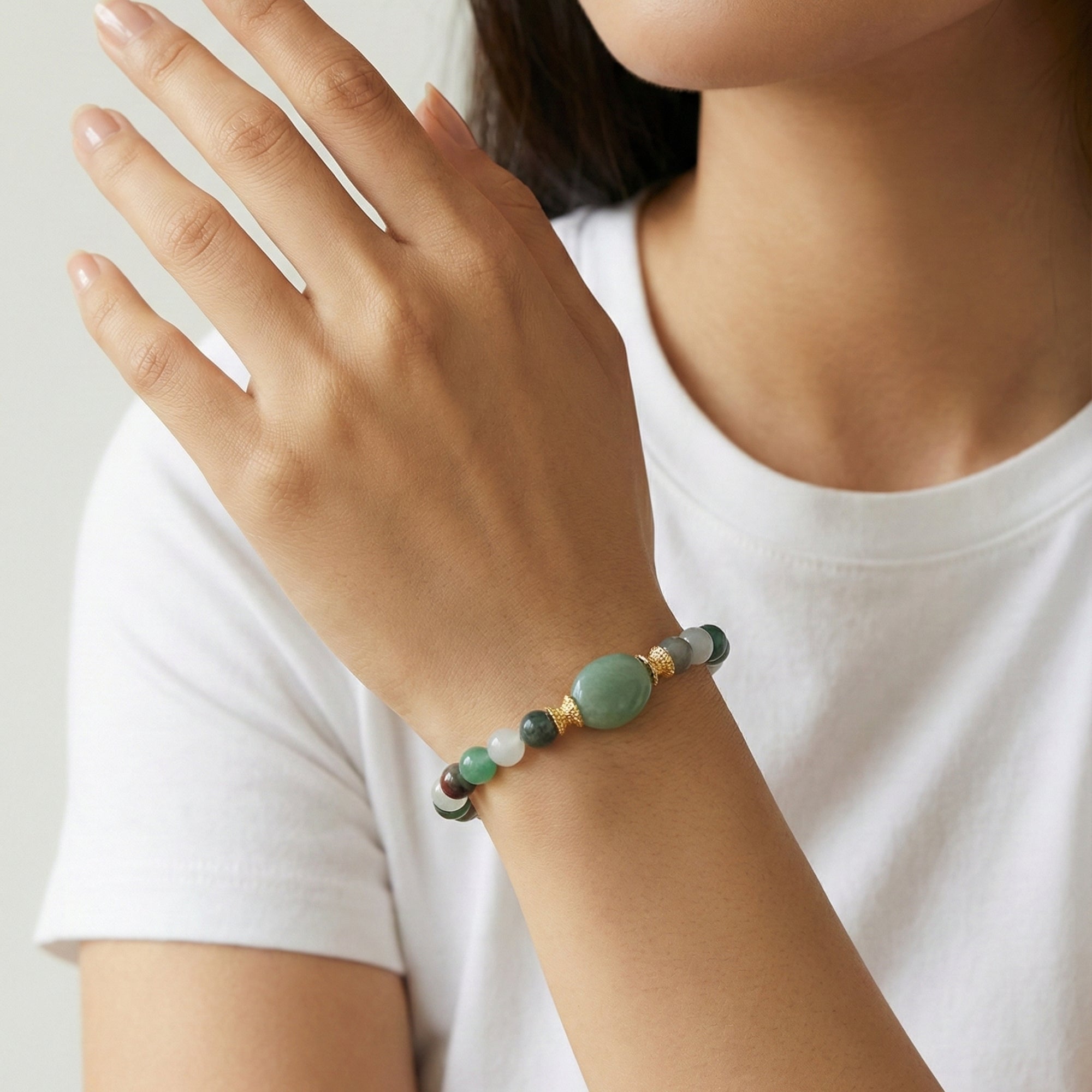 ELARA Health Bracelet – Green Aventurine, Bloodstone & White Quartz worn on wrist