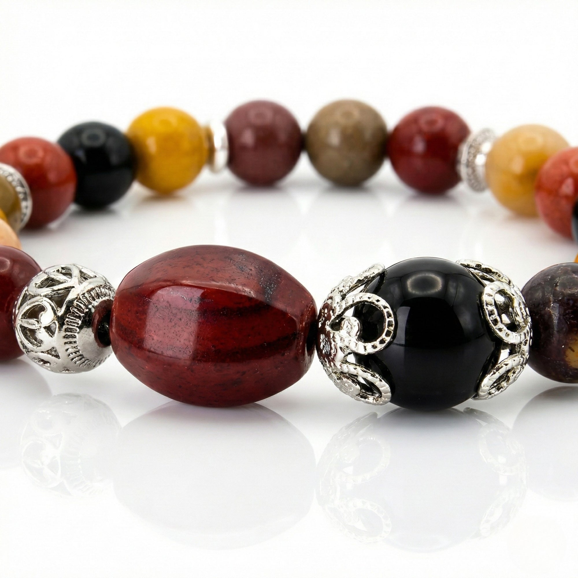 Elaris -  Healing bracelet-Red Jasper, Mookaite, Obsidian with silver plated zinc alloy accent in front view angle