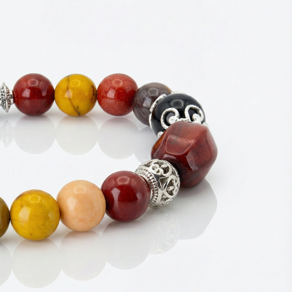 Elaris -  Healing bracelet-Red Jasper, Mookaite, Obsidian with silver plated zinc alloy accent in side view angle
