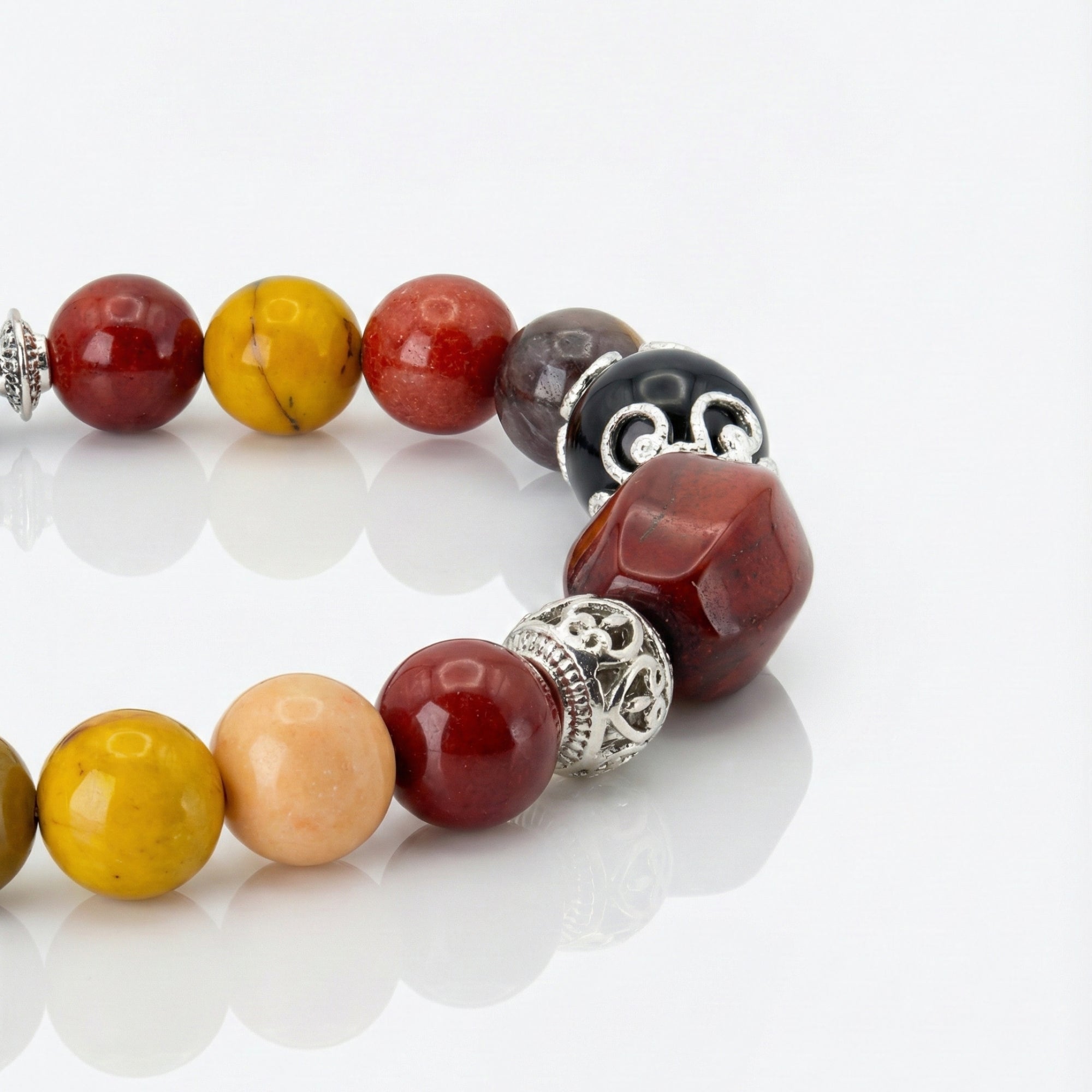 Elaris -  Healing bracelet-Red Jasper, Mookaite, Obsidian with silver plated zinc alloy accent in side view angle
