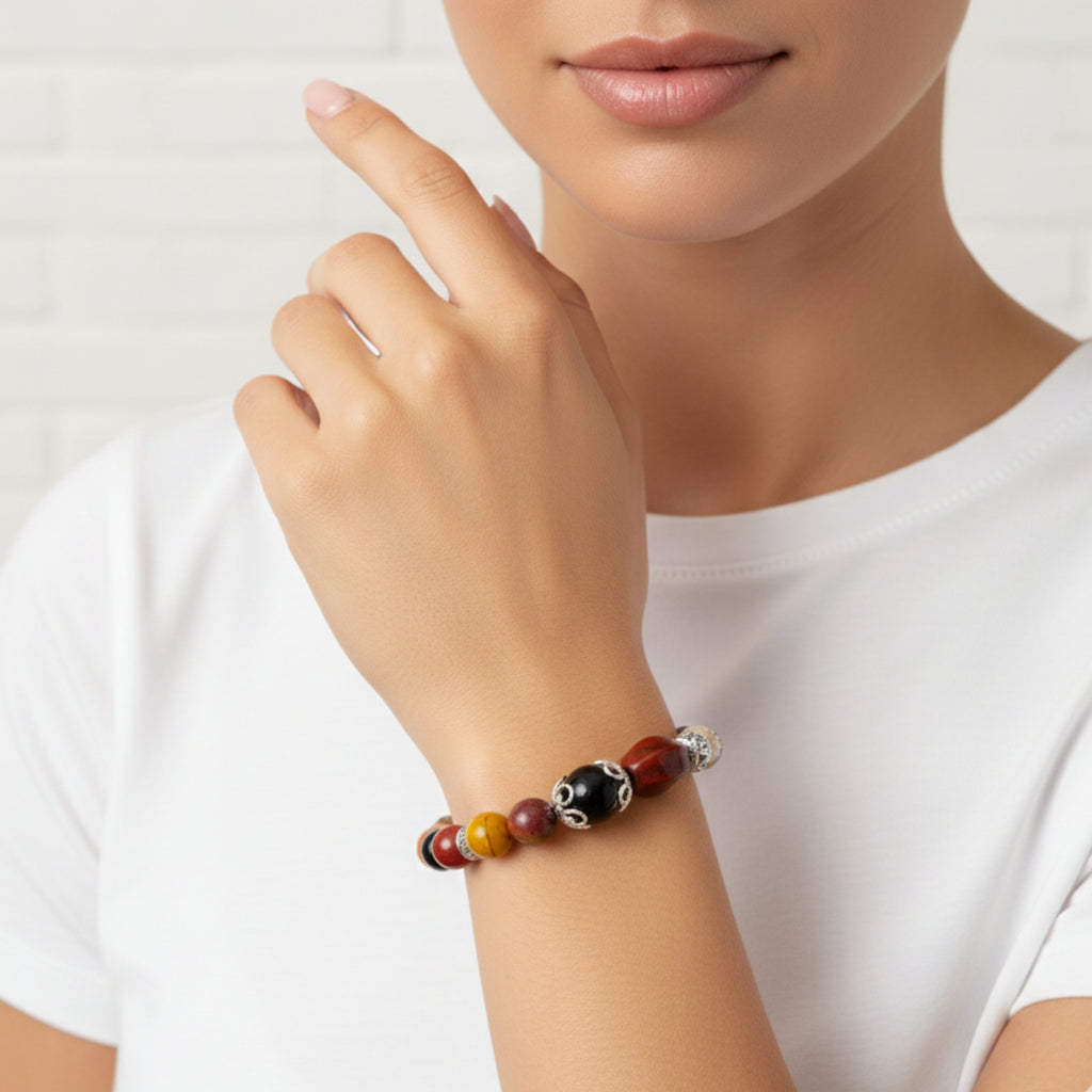 Elaris -  Healing bracelet-Red Jasper, Mookaite, Obsidian worn on wrist