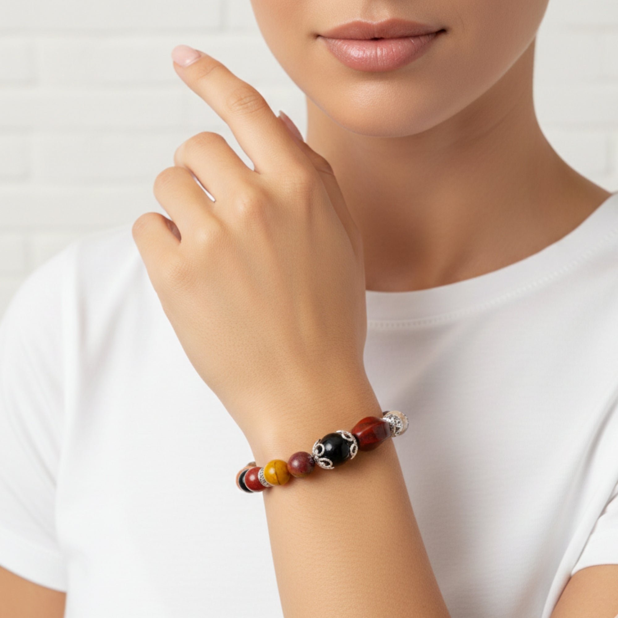 Elaris -  Healing bracelet-Red Jasper, Mookaite, Obsidian worn on wrist