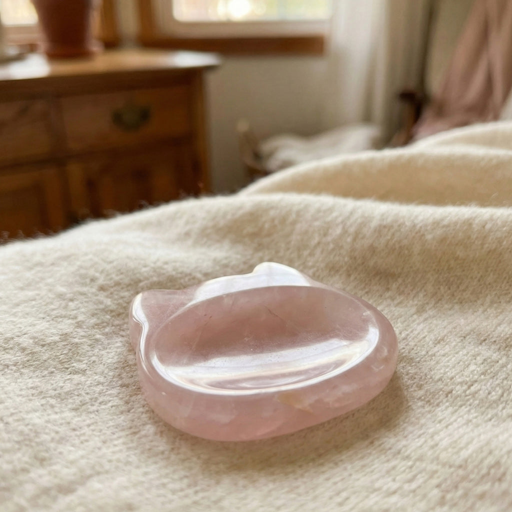Luna - Cat shaped crystal worry stone in Rose Quartz  lay flat
