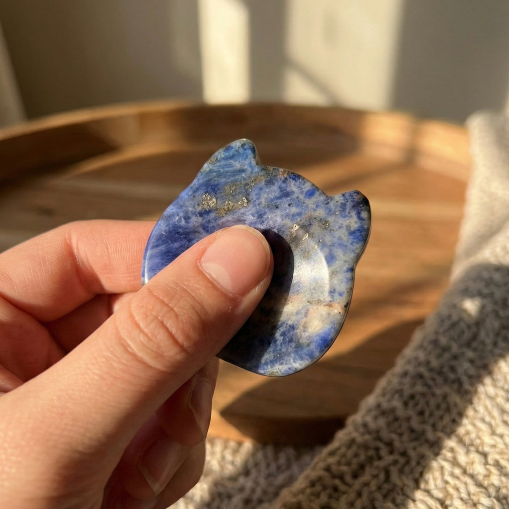 Luna - Cat shaped crystal worry stone in Sodalite and rubbing with thumb