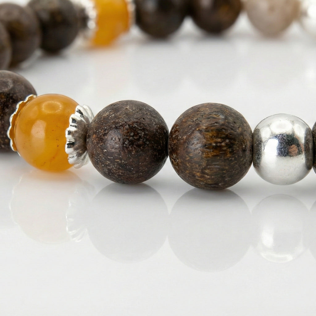 MARCEL Prosper Bracelet – Bronzite, Yellow Jade & Bamboo Leaf Agate with detail of silver plated bronze accent and stone texture