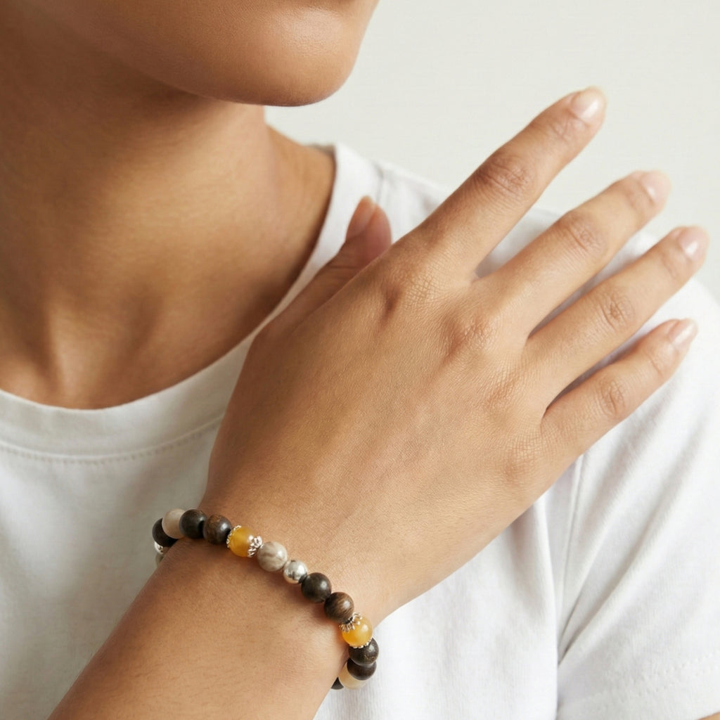 MARCEL Prosper Bracelet – Bronzite, Yellow Jade & Bamboo Leaf Agate worn on wrist