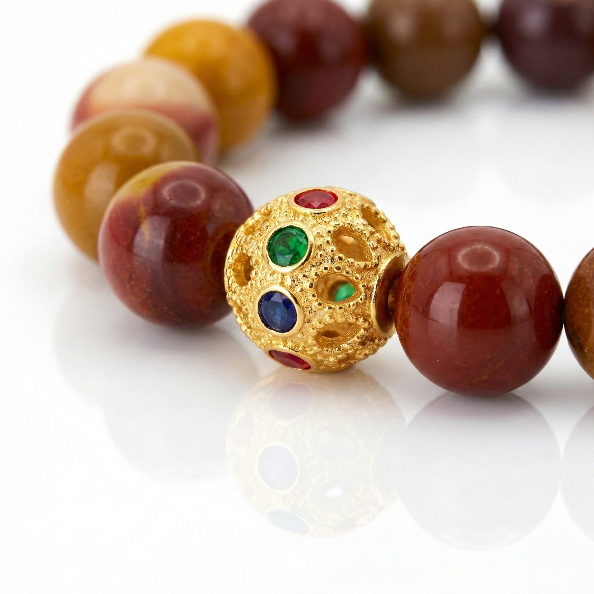 MIRA Health Bracelet – Mookaite with detail of a 24K gold plated bronze hollow bead