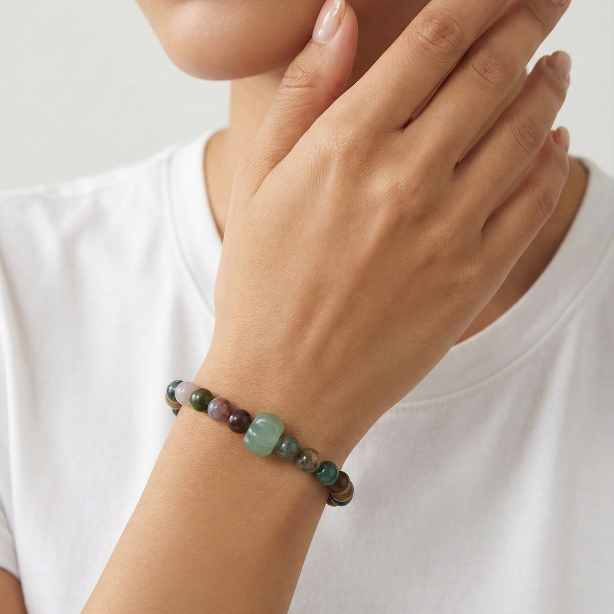 NERIAH Health Bracelet – Green Aventurine & Indian Agate worn on wrist