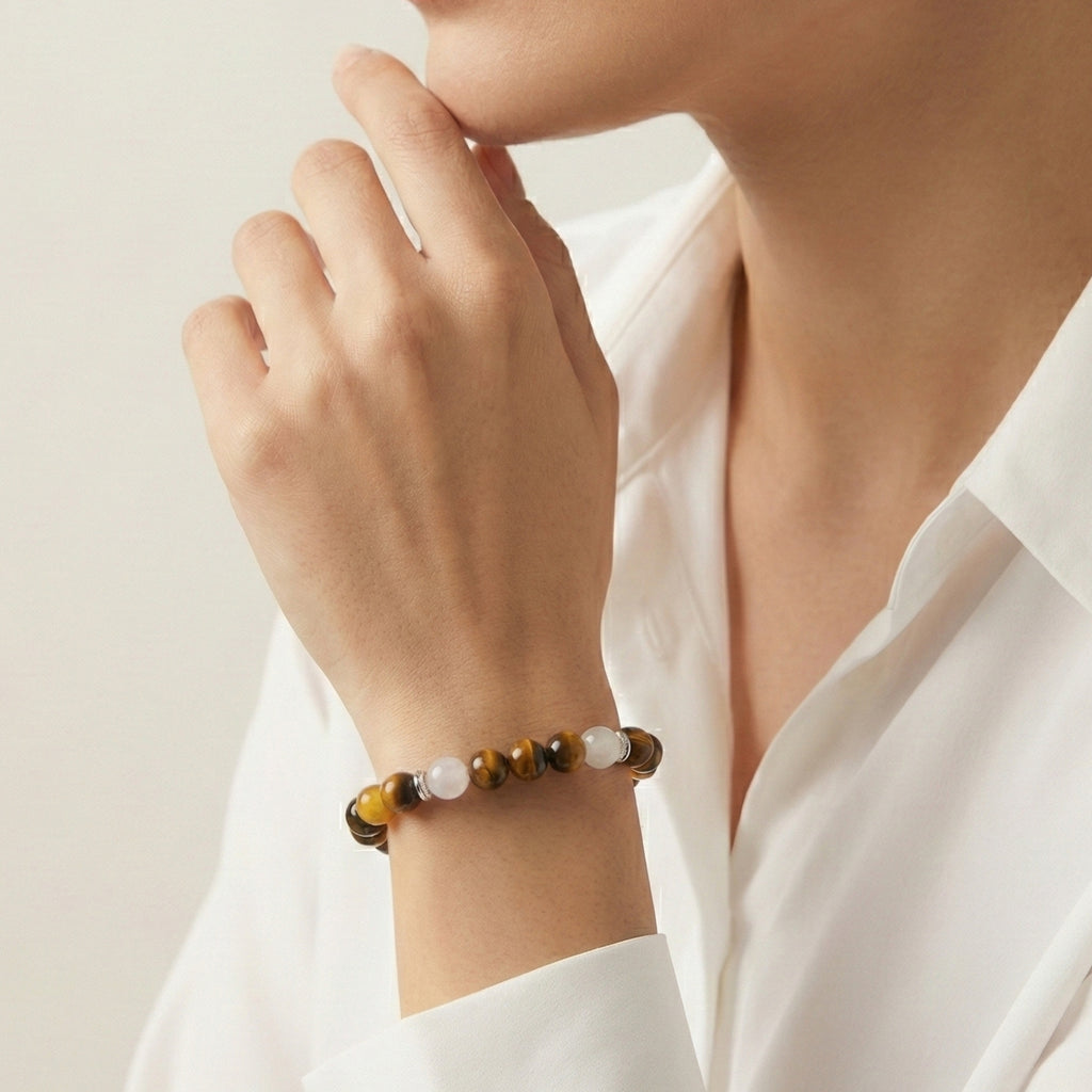 ORIEN Prosper Bracelet – Tiger Eye, Tianshan Green Jade & Yellow Jade worn on wrist