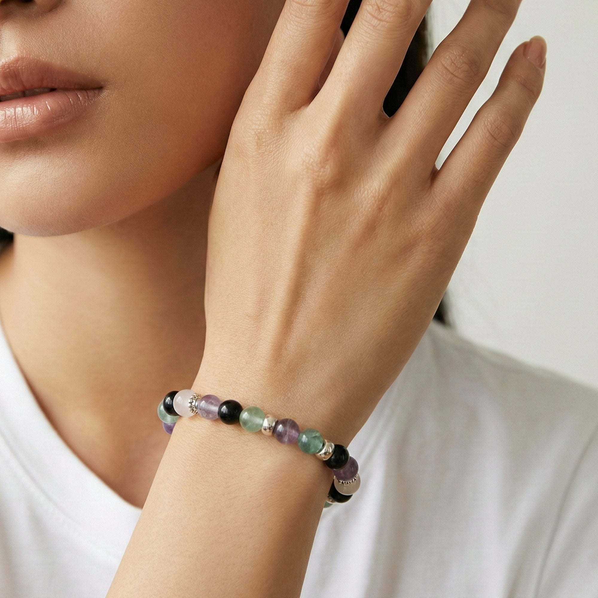 SELENE Healing Bracelet – Rose Quartz, Silver Obsidian & Fluorite worn on wrist