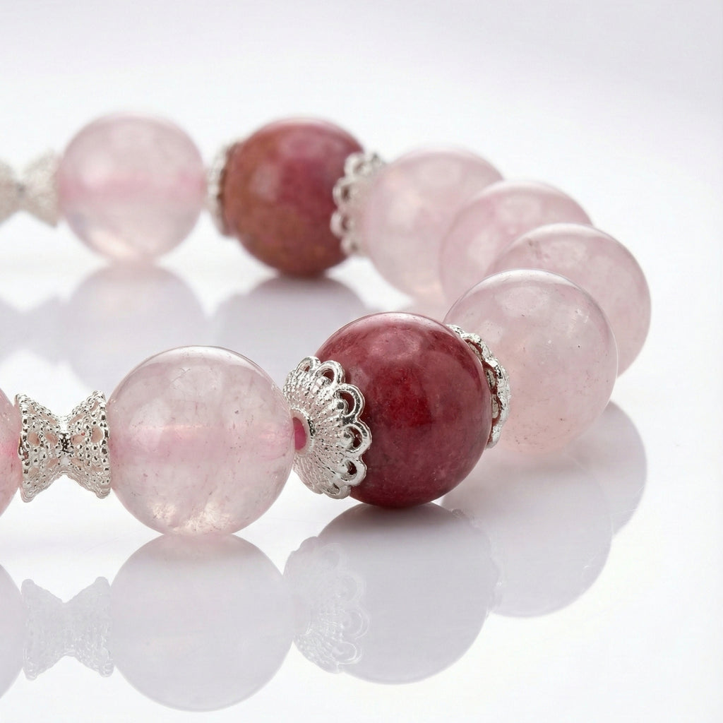 SEREN Rose Quartz & Rhodonite Bracelet with silver plated bronze accents with right angle view