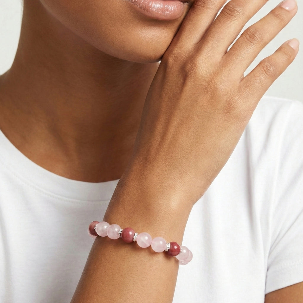 SEREN Rose Quartz & Rhodonite Bracelet worn on wrist